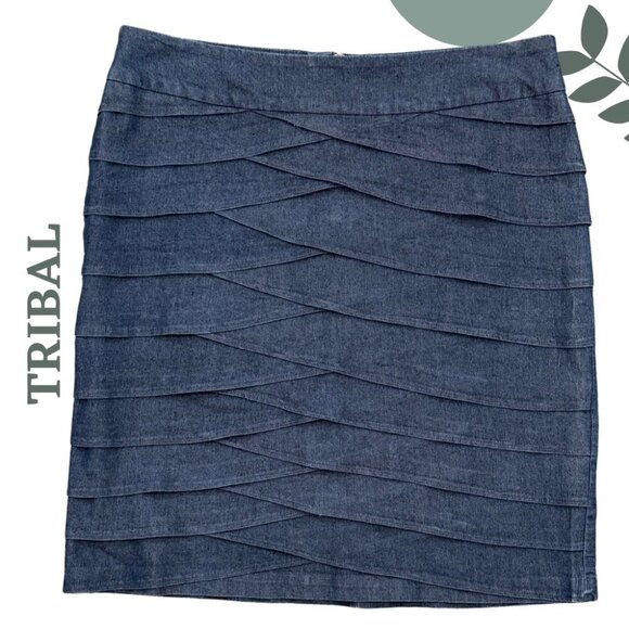 Tribal Denim Layered Panel Mini Skirt – Cotton Blend Stretch Blue Size 12 - Picture 1 of 4